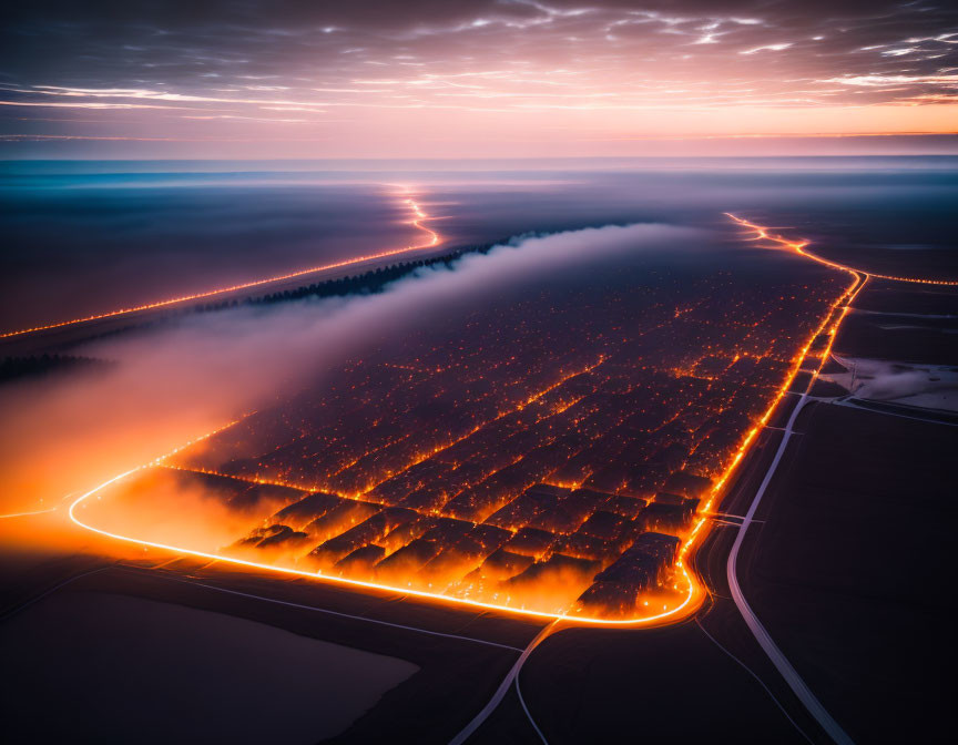 Aerial View of Dusk Landscape with Illuminated Roads, Foggy Forest, and Dramatic Sky