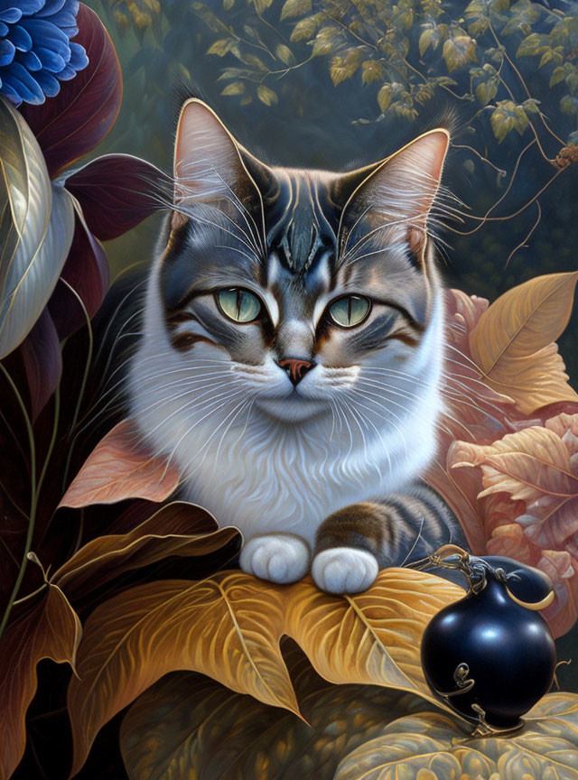 Detailed Artwork: Tabby Cat with Green Eyes Among Colorful Foliage and Black Orb