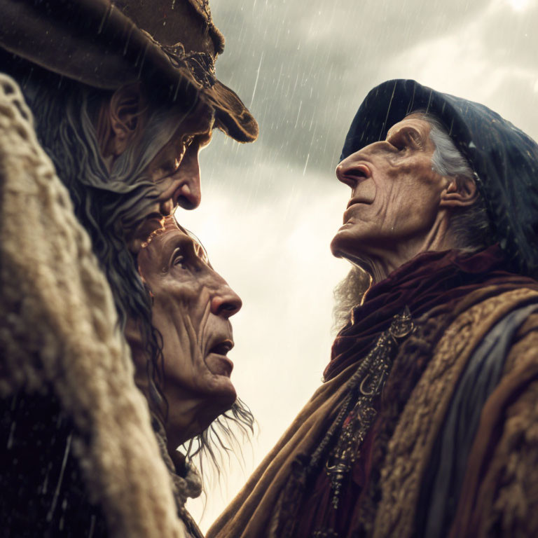 Elderly individuals in period costumes converse under rainy sky