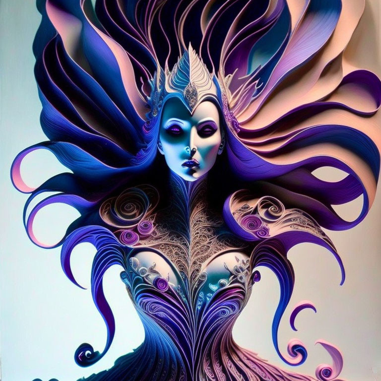 Intricate purple and blue design figure with flowing hair and regal appearance