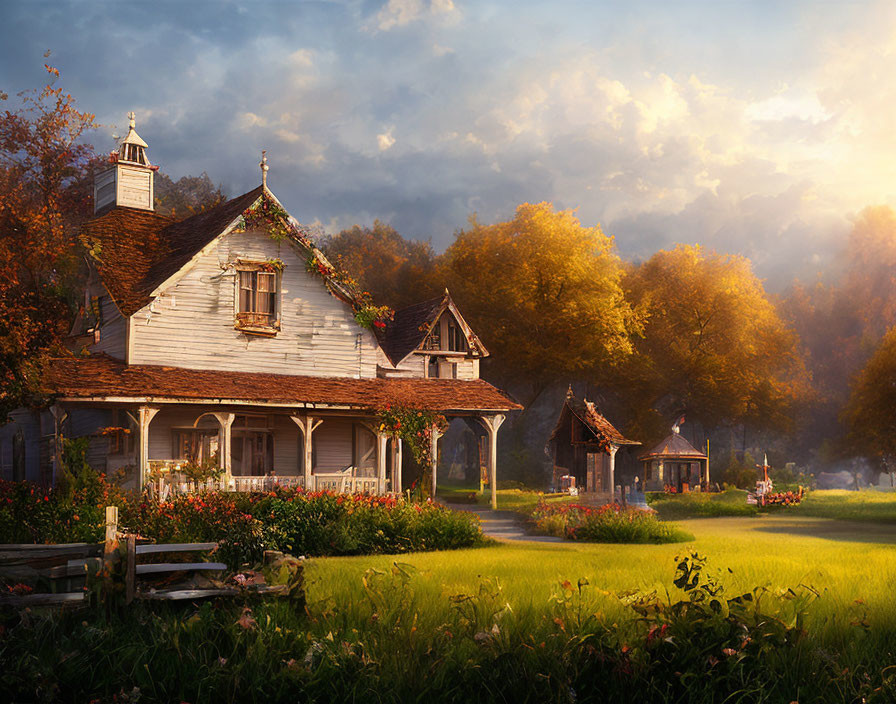 White Facade Cottage Surrounded by Gardens and Autumn Trees at Sunset