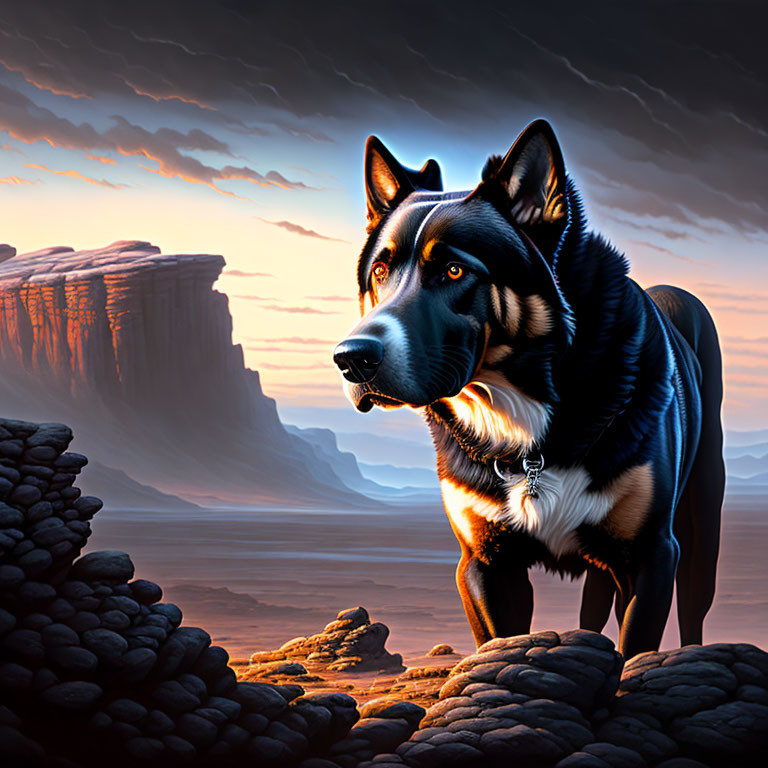 Digital artwork featuring black and brown dog on rocky terrain with dramatic sunset sky