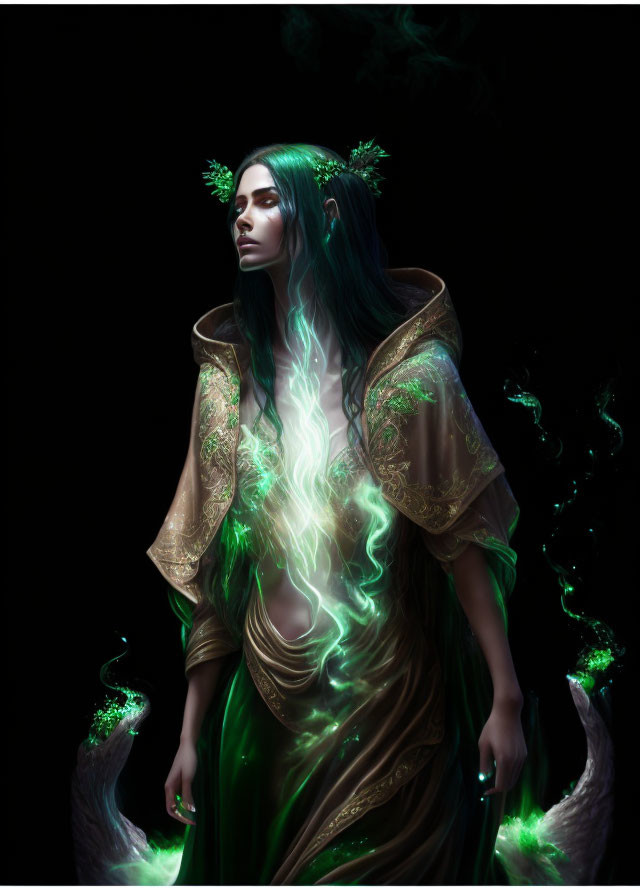 Mystical figure in green robes emits swirling green light