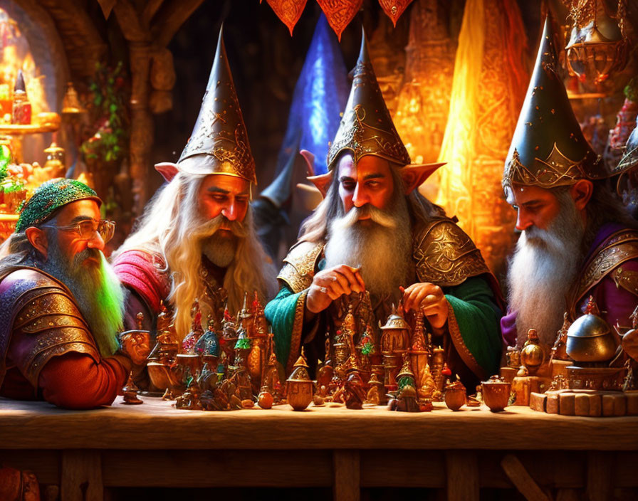 Fantasy chess game with four wizards in richly decorated setting