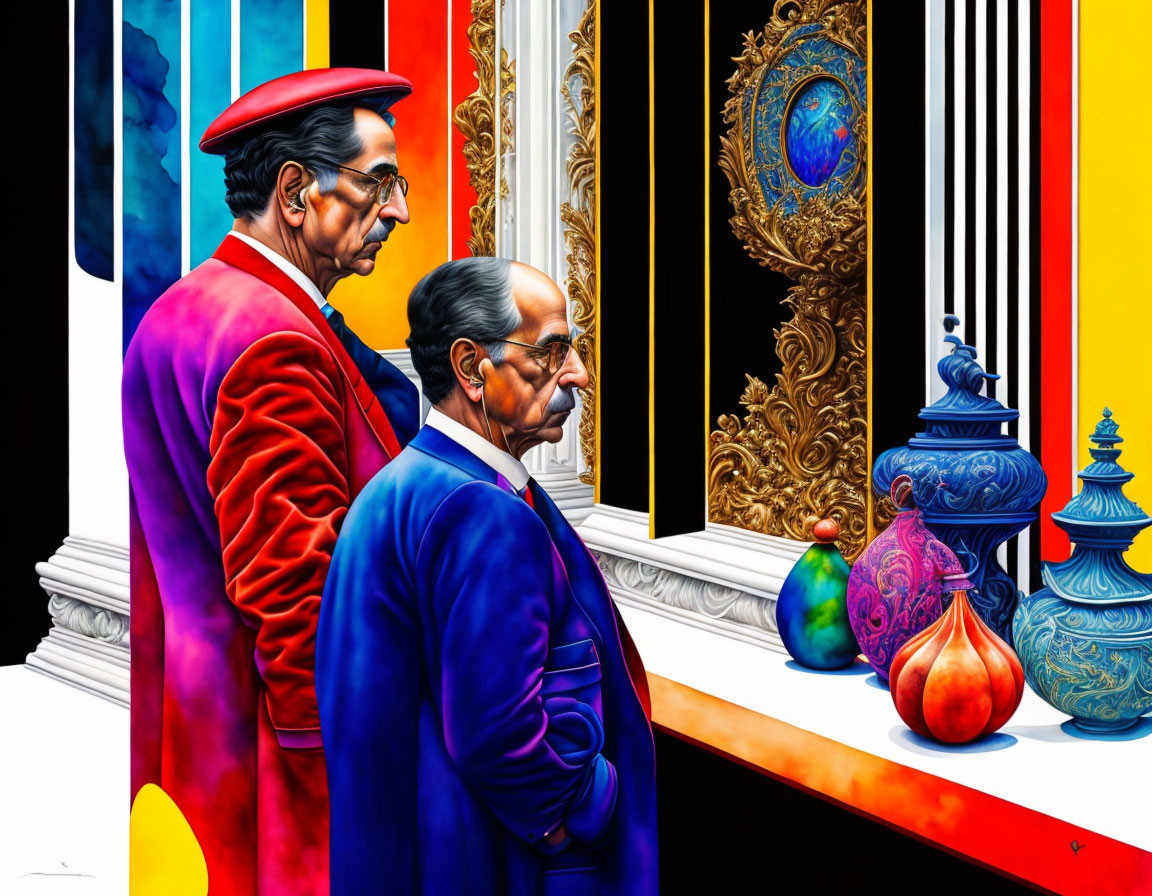 Vibrant artwork featuring two men in colorful attire by ornate doors and vases