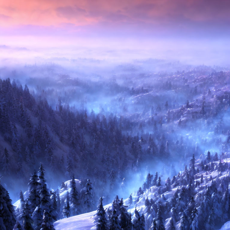 Snow-covered pine trees in serene winter landscape at dawn or dusk.