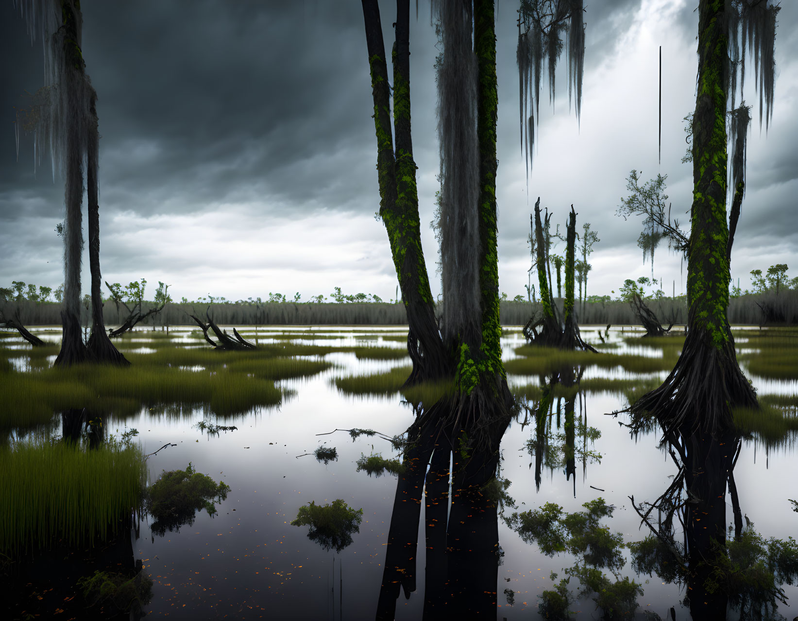 Dark Water and Moss-Covered Trees in Moody Swamp