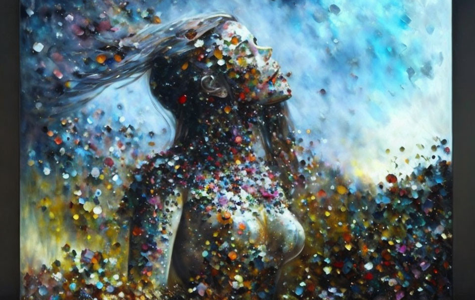 Colorful Abstract Painting of Woman Looking Up Amid Vibrant Splatters