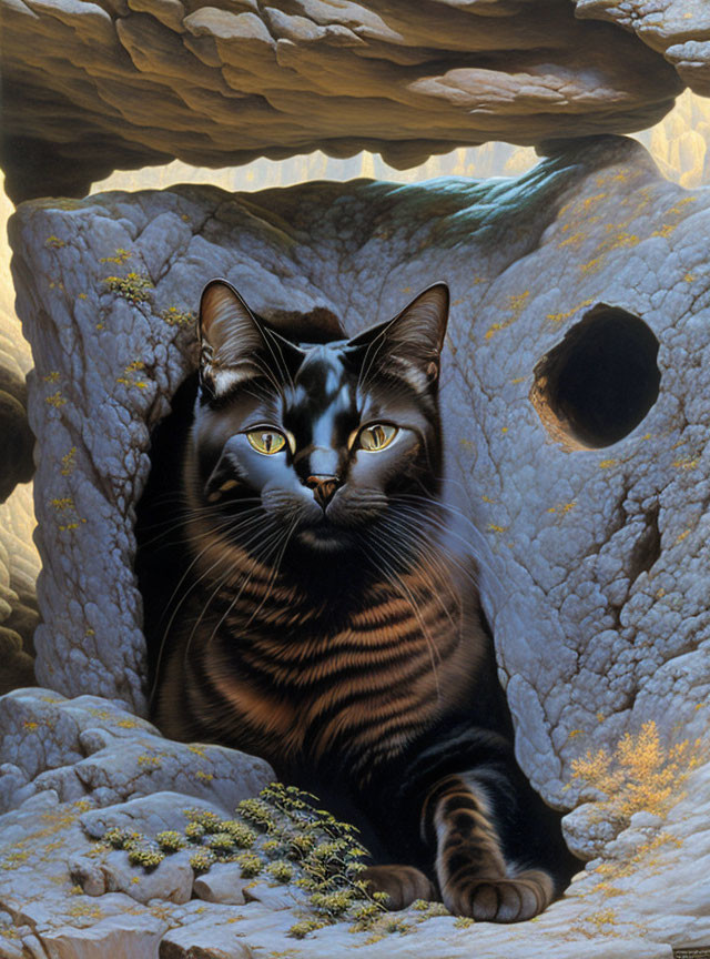 Realistic Painting of Striped Cat in Rocky Cave Entrance