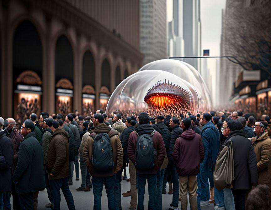 Men in city with giant transparent bubble and monstrous eye