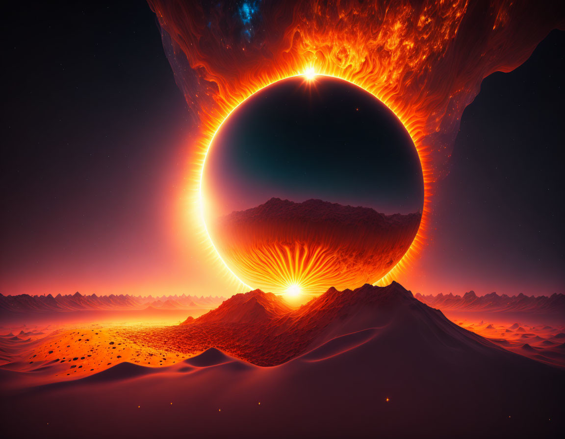 Eclipsed sun over surreal sci-fi desert landscape