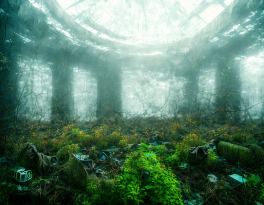 Abandoned greenhouse with glass dome, covered in vines and mist.