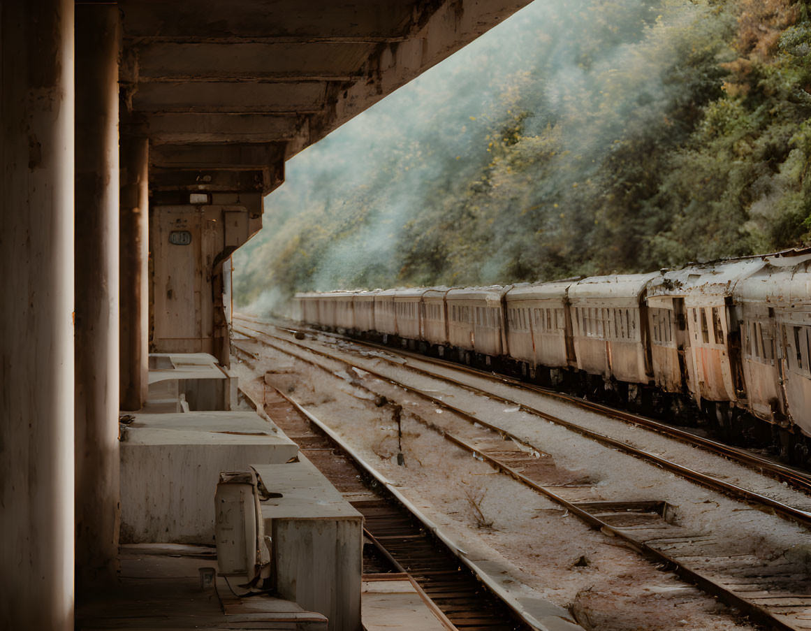 Abandoned train station with overgrown carriages and rusty tracks