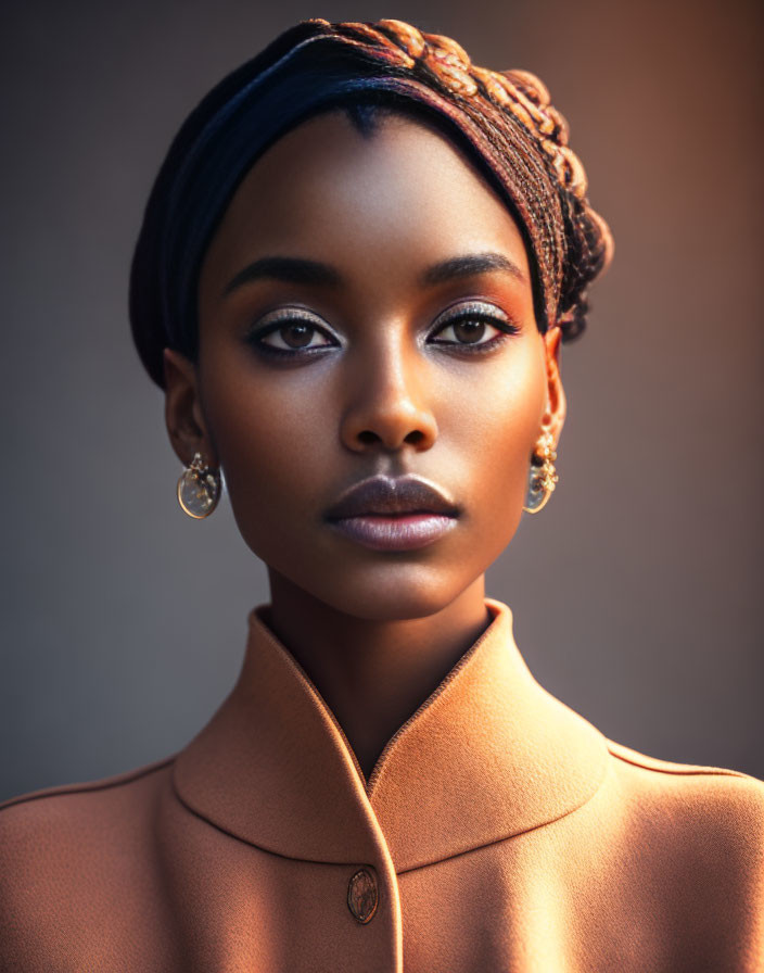 Elegant woman with makeup, hoop earrings, and headscarf in serene pose