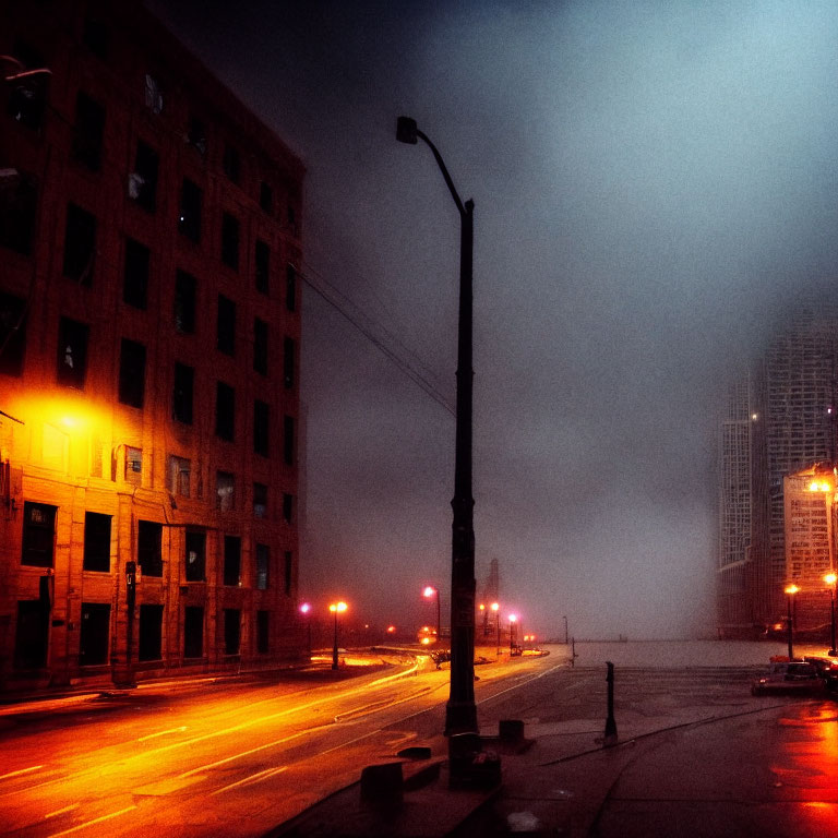 Foggy cityscape at night with glowing streetlights