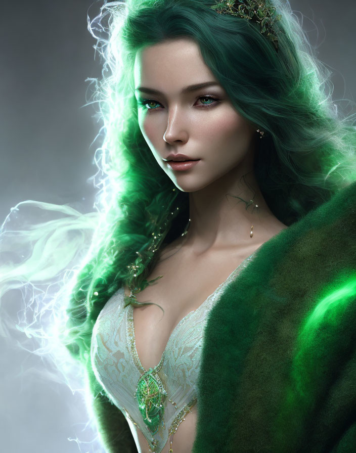 Vibrant green-haired woman in crown and gown with ethereal energy swirls.