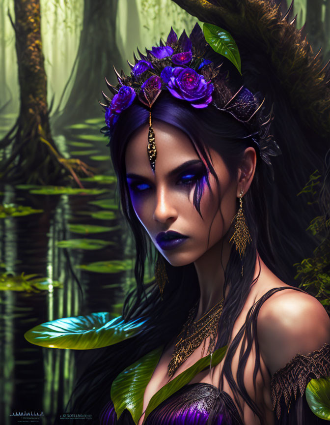 Mystical woman with purple hues and floral crown in ethereal forest