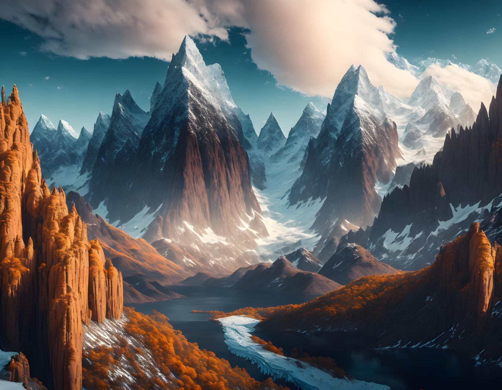 Majestic landscape with towering mountains, autumn forests, and serene river