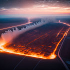 Aerial View of Dusk Landscape with Illuminated Roads, Foggy Forest, and Dramatic Sky