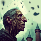 Elderly man portrait with exaggerated features in surreal rainy sky.