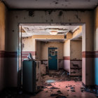 Desolate room with peeling walls, debris, CRT monitor, chair, and lamp