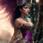 Regal woman with purple hair in ornate dress and headdress in mystical forest