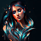 Vibrant blue and orange tones in woman's flowing hair illustration