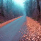 Misty forest road with autumn leaves under surreal sky