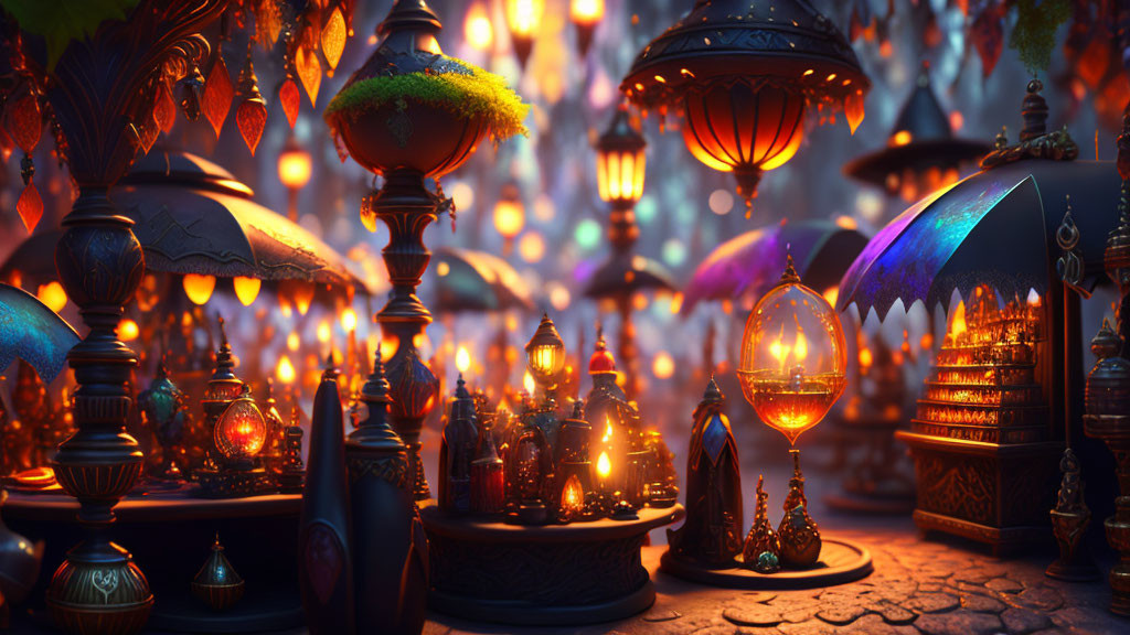 Enchanting marketplace with glowing lanterns and magical orbs