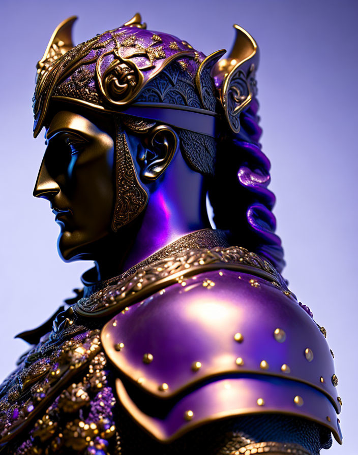 Metallic warrior statue in ornate armor with horned helmet under purple and gold lighting