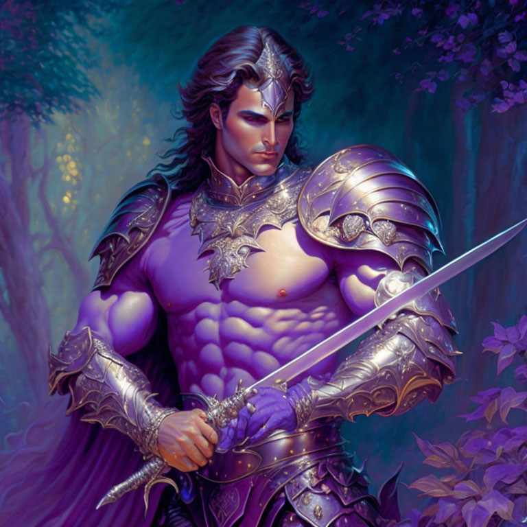 Muscular warrior in purple armor wields sword in mystical forest