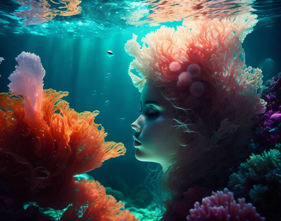 Vibrant coral surrounds woman's profile in surreal underwater scene