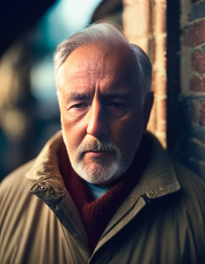 Pensive elder man with beard and mustache in jacket and sweater portrait.