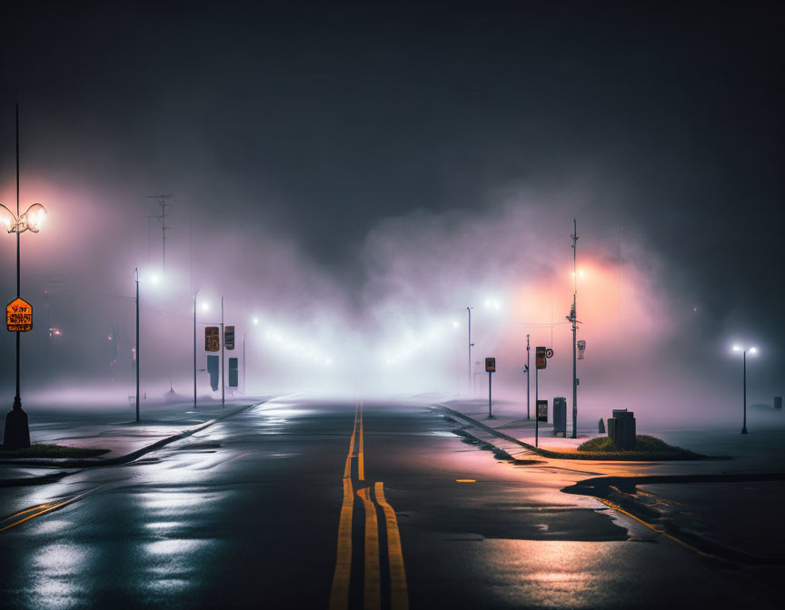 Deserted night street with fog, glowing lamps, and "Do Not Enter" sign