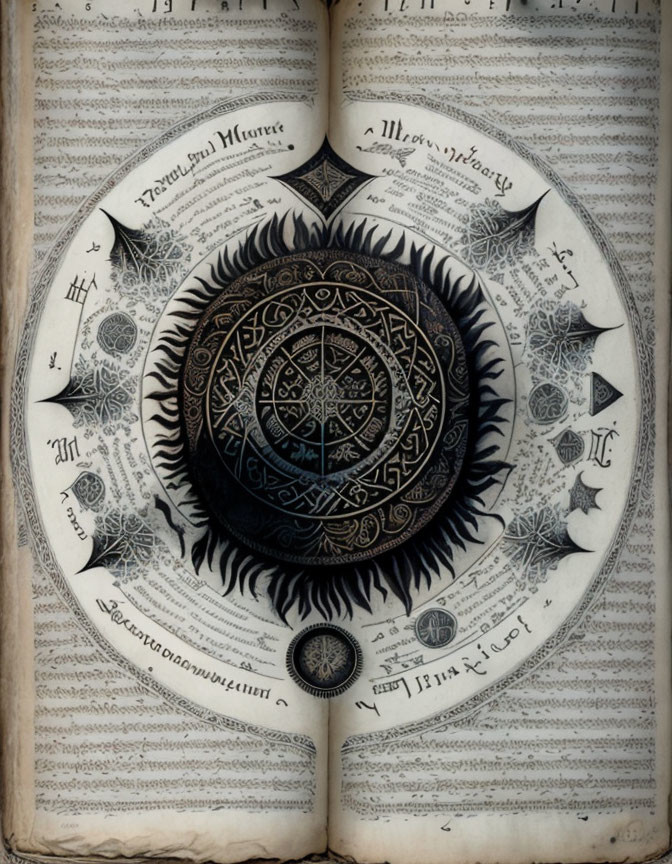 Vintage Open Book with Intricate Circular Diagram and Symbols on Aged Pages