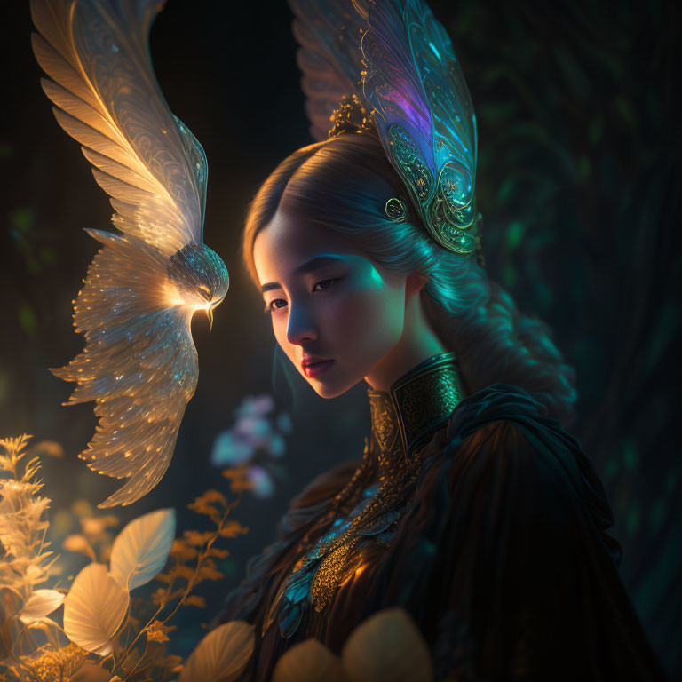 Mystical woman with luminescent bird-like wings in enchanted forest