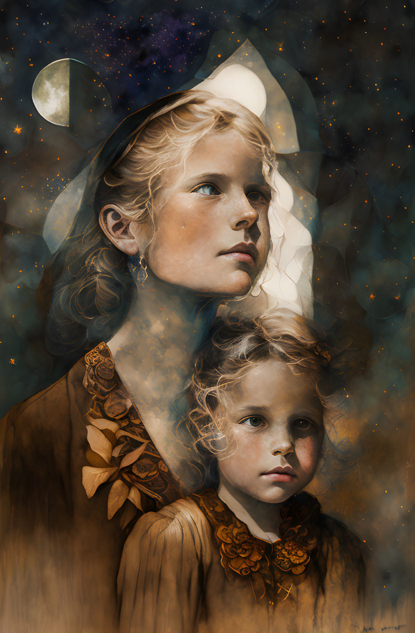 Cosmic-themed illustration of two young girls with celestial elements