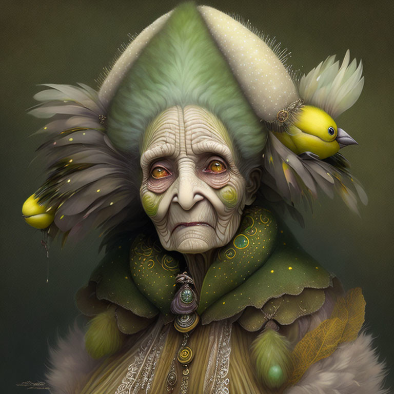 Elderly fantasy character with ornate jester-like headgear and a yellow bird