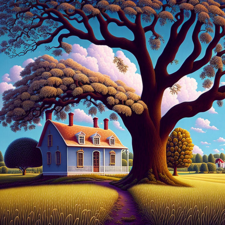 Illustration of large tree overshadowing classic house in golden field