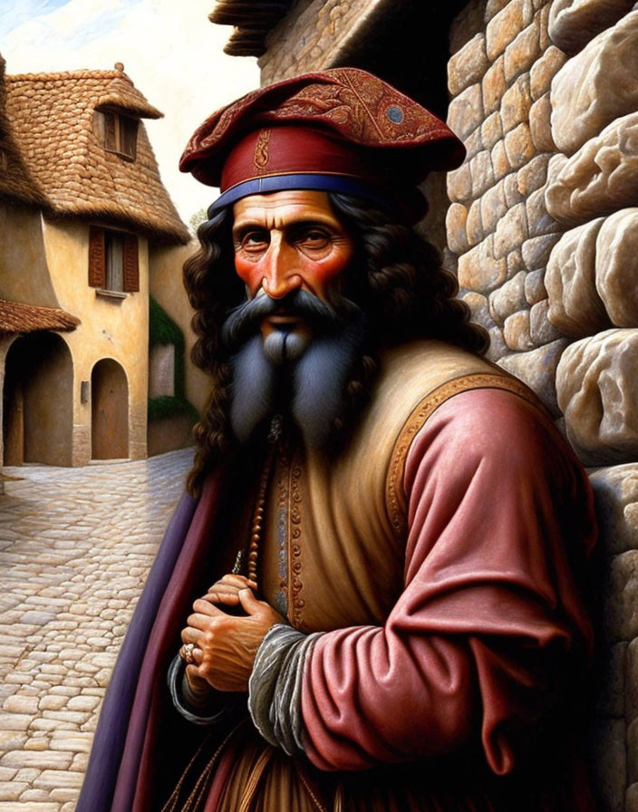 Renaissance-style painting of bearded man in feathered hat in village alley