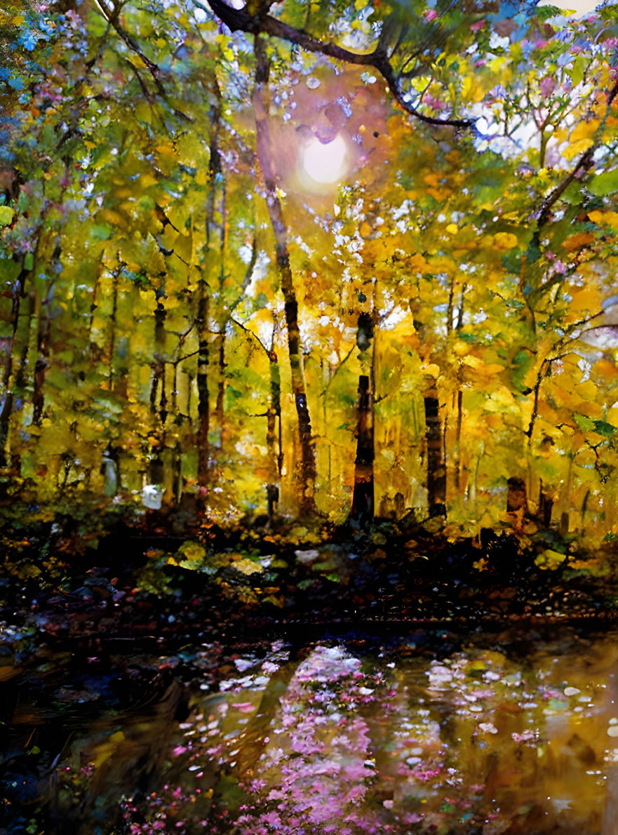 Autumn forest scene with sunlight filtering through vibrant foliage