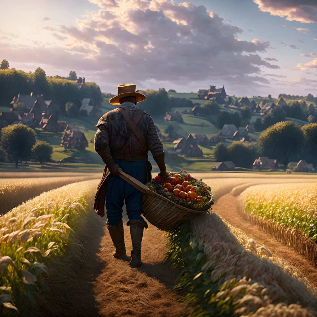 Golden wheat field farmer with basket of apples in quaint village landscape