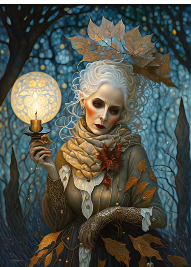 Pale Woman with Lantern in Autumn Forest & White Hair