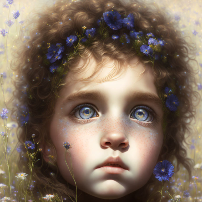 Detailed Close-Up Illustration of Child with Blue Eyes and Flower Crown