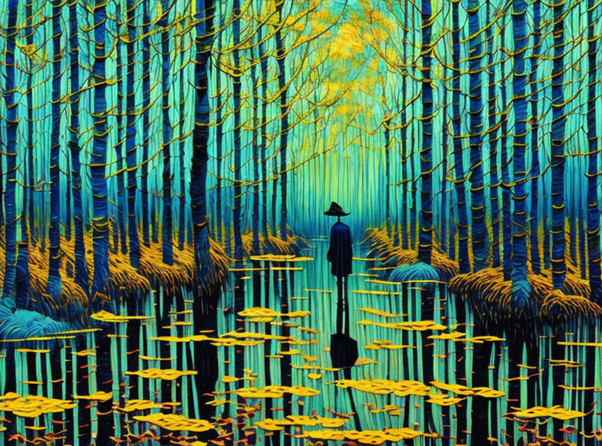 Colorful painting: person in hat in surreal forest with blue hues & yellow leaves