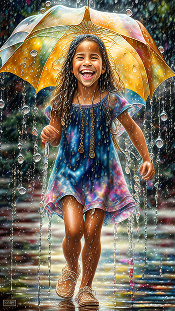 Young girl in blue dress with umbrella laughing in rain surrounded by water droplets and bubbles