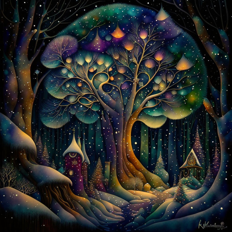 Colorful mystical forest illustration with large tree, mushroom houses, and falling snow.