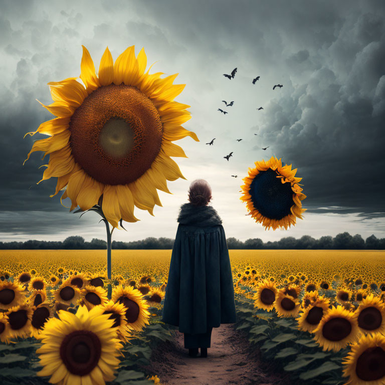 Person in sunflower field under stormy sky with birds.