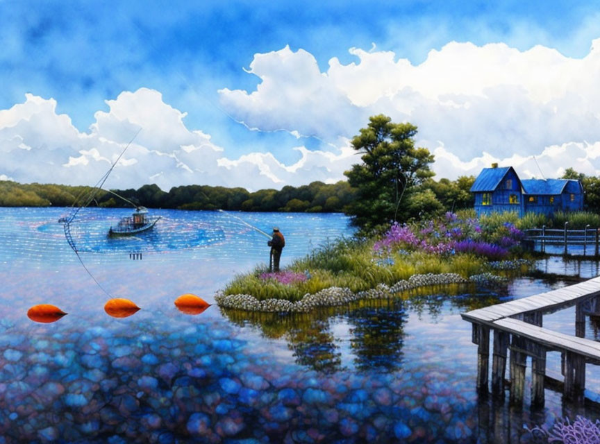 Tranquil lakeside scene with fishing person, colorful flowers, boat, blue house, and cloudy