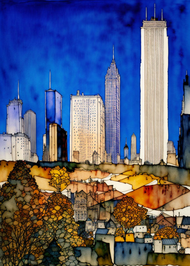 Vibrant watercolor cityscape with skyscrapers in autumn scenery